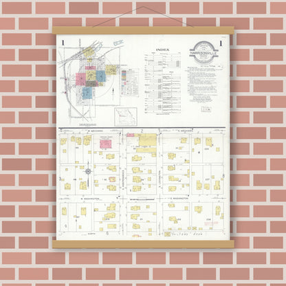 Old map wall art mockup — magnetic wood frame on brick wall — Sanborn Fire Insurance Map from Harrisonville, Cass County, Missouri (1931) - Complete Map Set