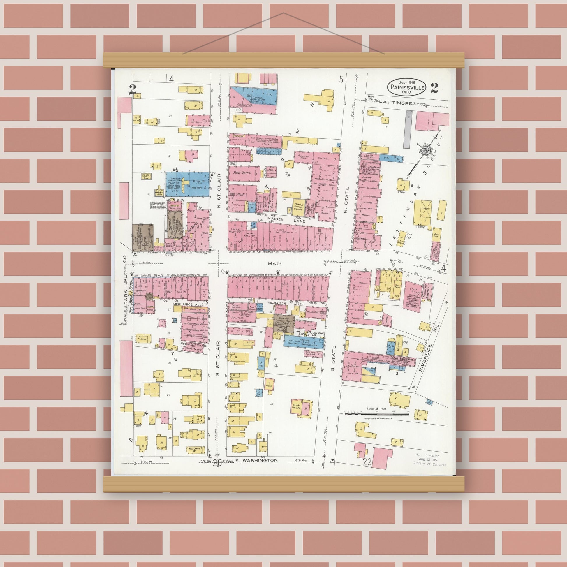 Old map wall art mockup — magnetic wood frame on brick wall — Sanborn Fire Insurance Map from Painesville, Lake County, Ohio (1926), Sheet #0002