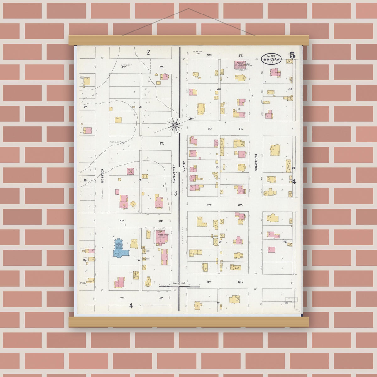 Old map wall art mockup — magnetic wood frame on brick wall — Sanborn Fire Insurance Map from Warsaw, Hancock County, Illinois (1906), Sheet #0005
