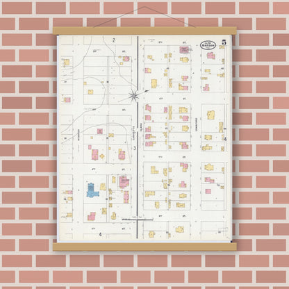 Old map wall art mockup — magnetic wood frame on brick wall — Sanborn Fire Insurance Map from Warsaw, Hancock County, Illinois (1906), Sheet #0005