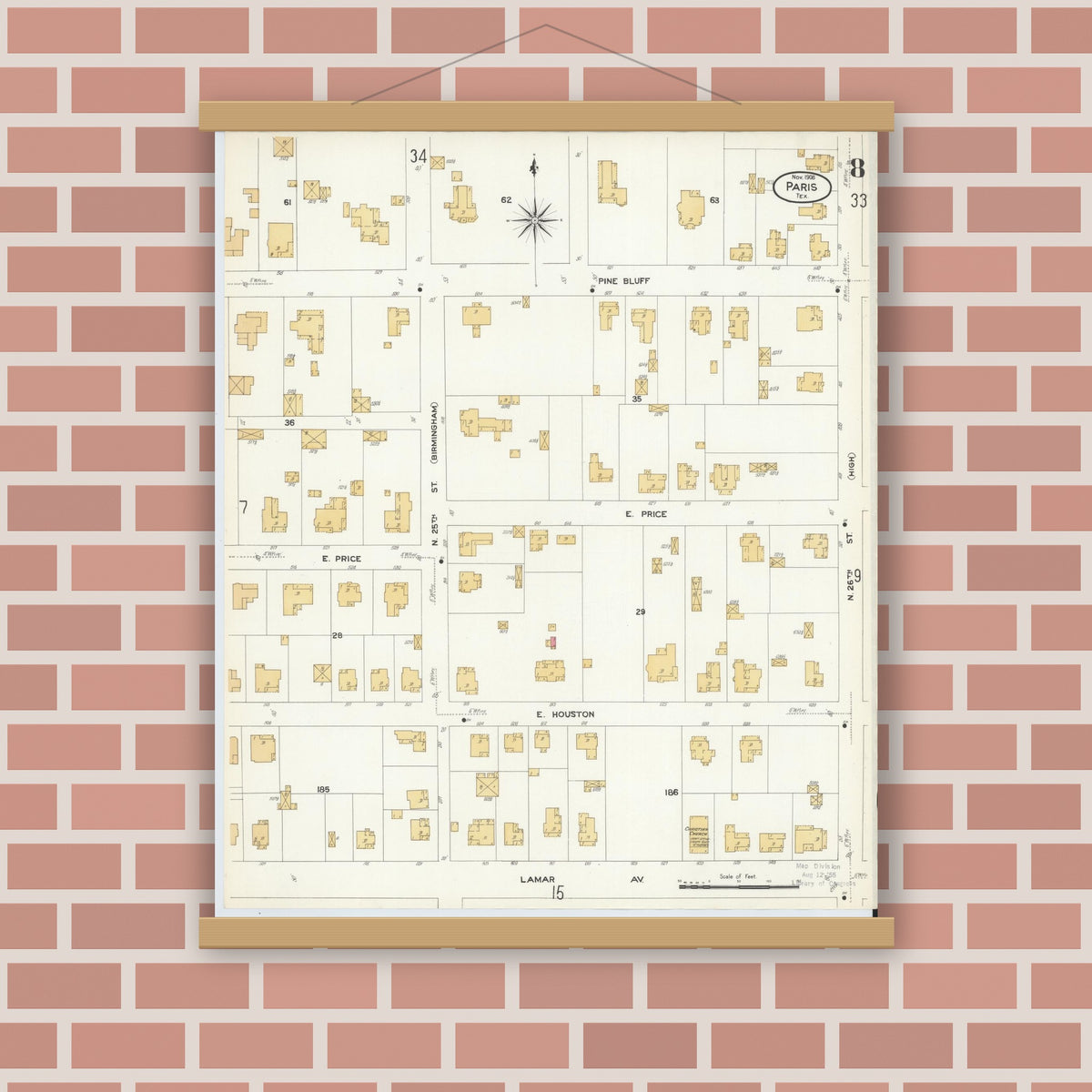 Old map wall art mockup — magnetic wood frame on brick wall — Sanborn Fire Insurance Map from Paris, Lamar County, Texas (1908), Sheet #0008
