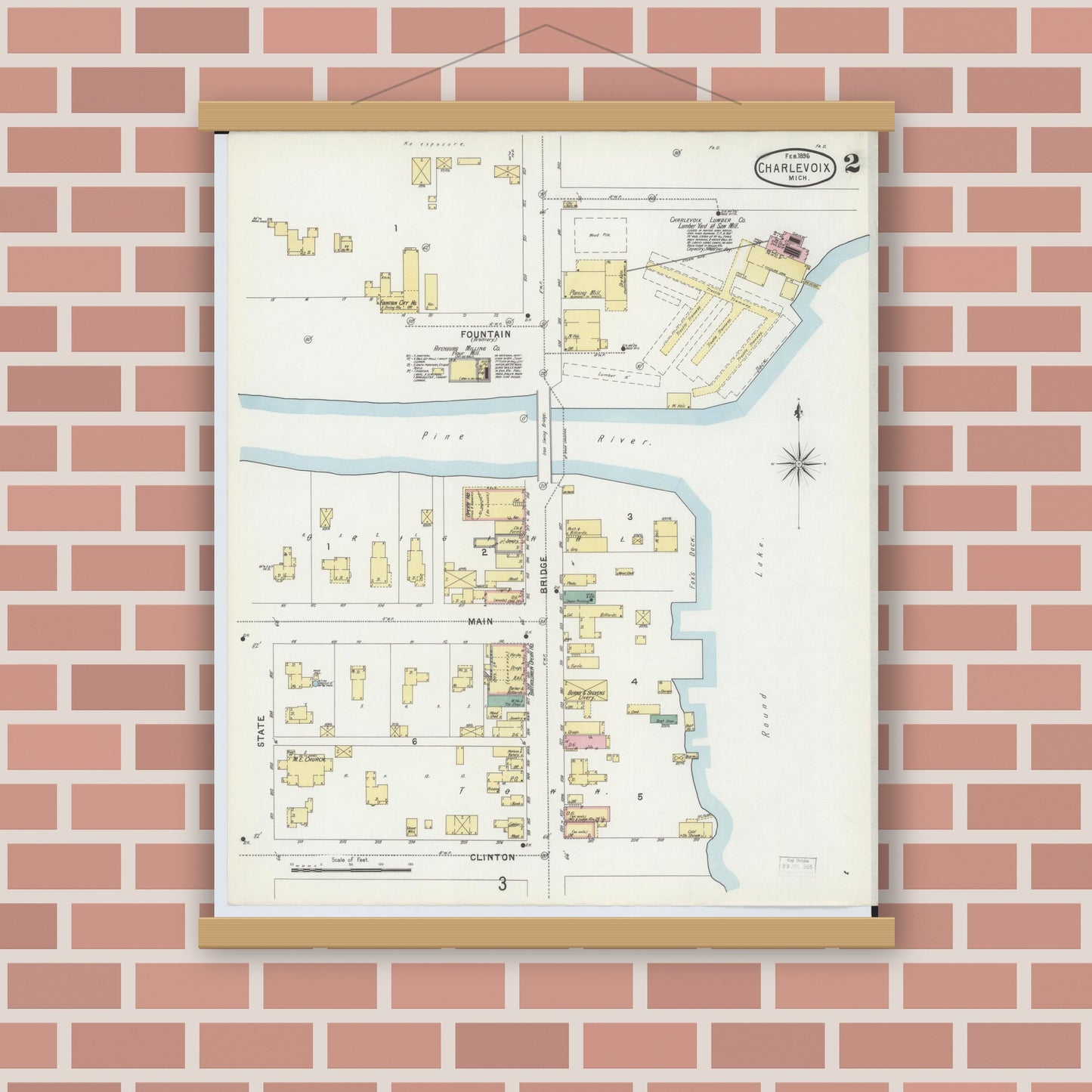Old map wall art mockup — magnetic wood frame on brick wall — Sanborn Fire Insurance Map from Charlevoix, Charlevoix County, Michigan (1896), Sheet #0002