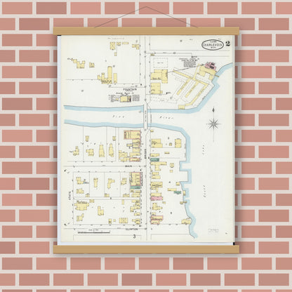 Old map wall art mockup — magnetic wood frame on brick wall — Sanborn Fire Insurance Map from Charlevoix, Charlevoix County, Michigan (1896), Sheet #0002