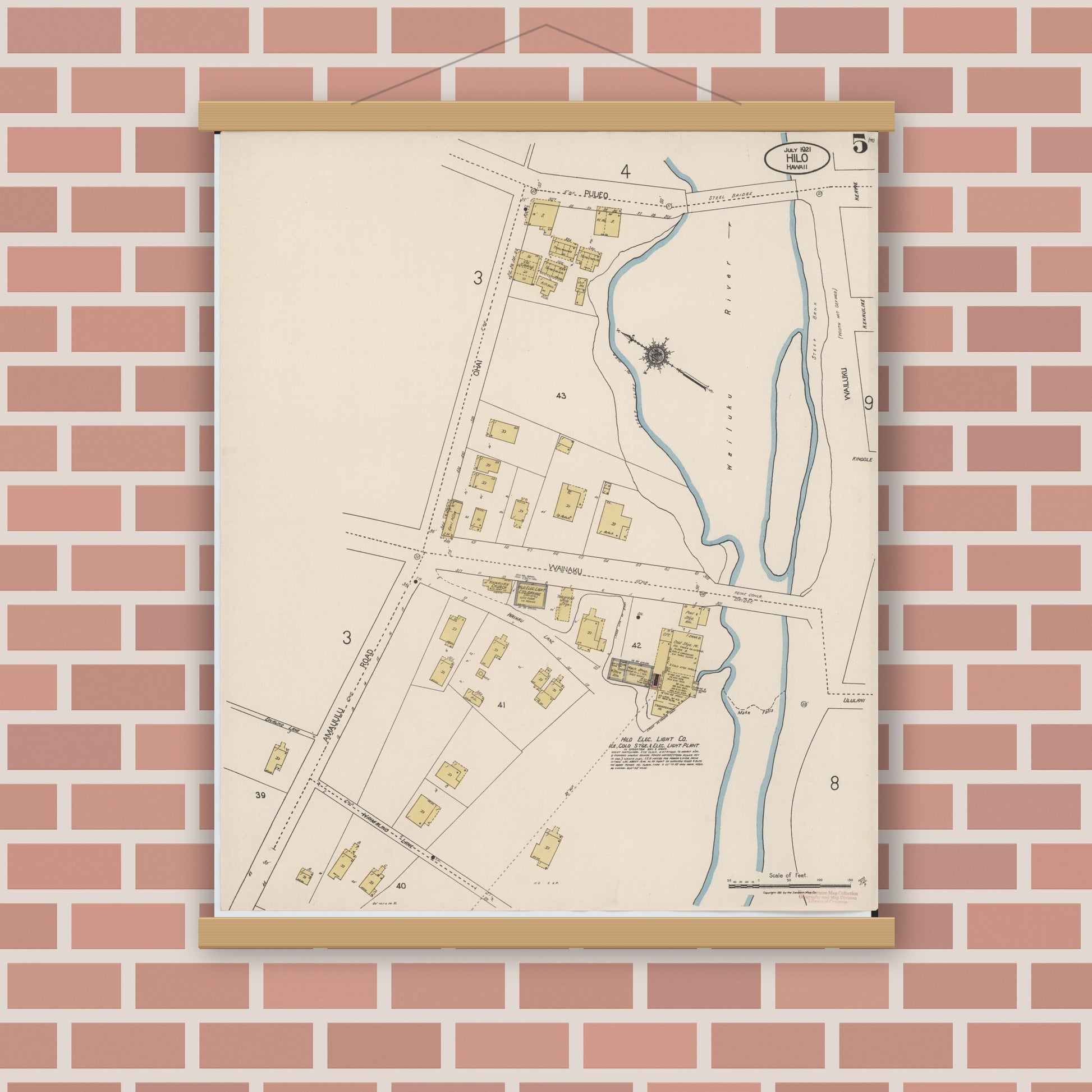Old map wall art mockup — magnetic wood frame on brick wall — Sanborn Fire Insurance Map from Hilo, Hawaii County, Hawaii (1921), Sheet #0005