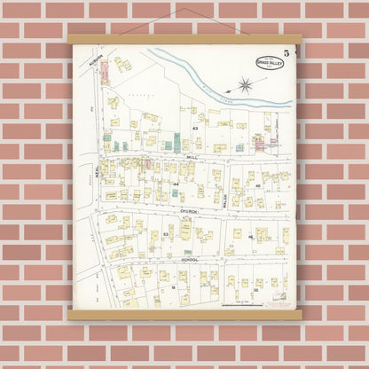 Old map wall art mockup — magnetic wood frame on brick wall — Sanborn Fire Insurance Map from Grass Valley, Nevada County, California (1891), Sheet #0005