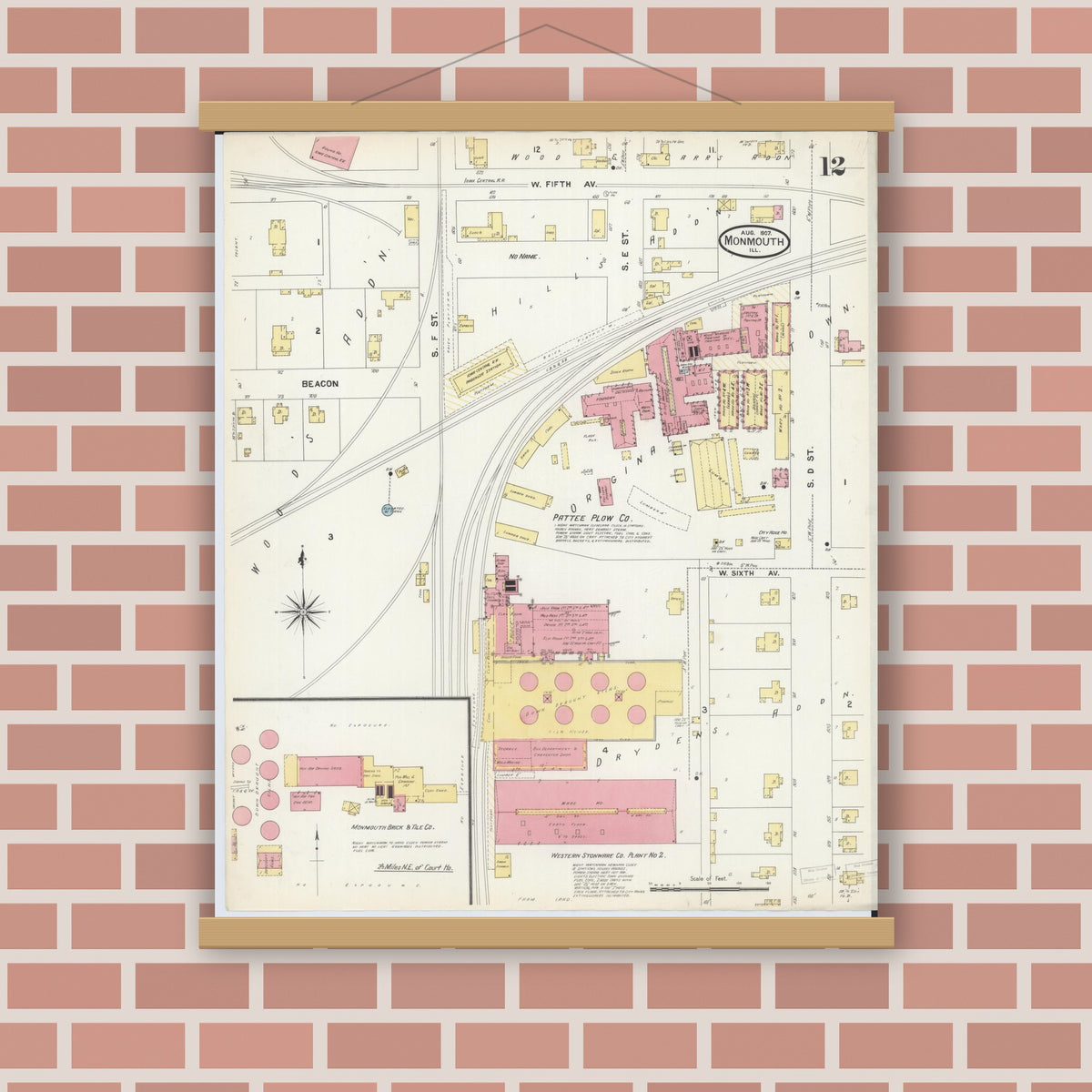 Old map wall art mockup — magnetic wood frame on brick wall — Sanborn Fire Insurance Map from Monmouth, Warren County, Illinois (1907), Sheet #0012
