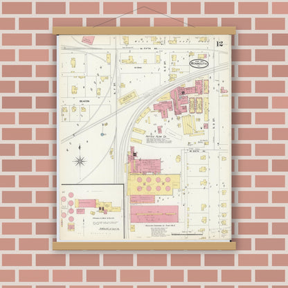 Old map wall art mockup — magnetic wood frame on brick wall — Sanborn Fire Insurance Map from Monmouth, Warren County, Illinois (1907), Sheet #0012