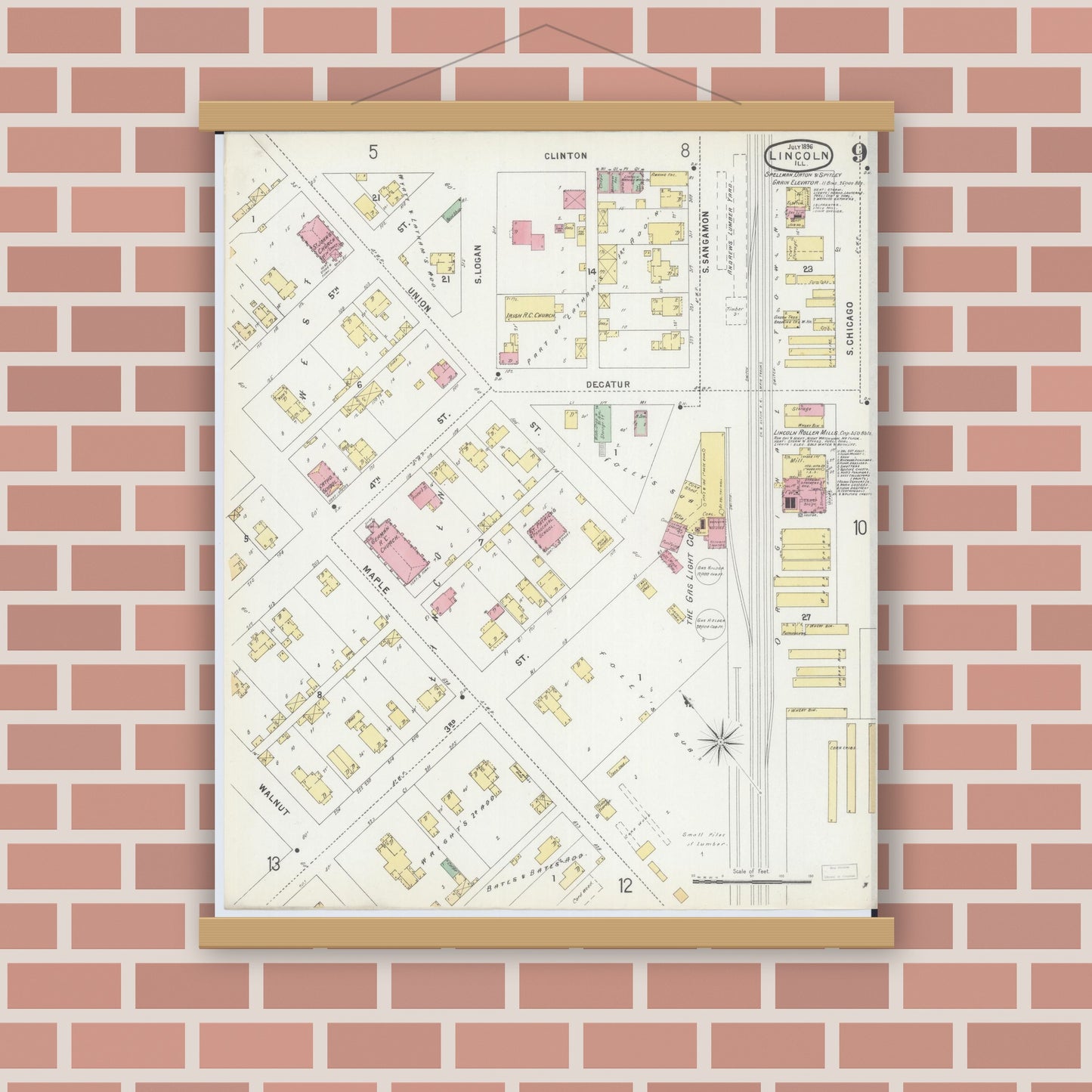 Old map wall art mockup — magnetic wood frame on brick wall — Sanborn Fire Insurance Map from Lincoln, Logan County, Illinois (1896), Sheet #0009