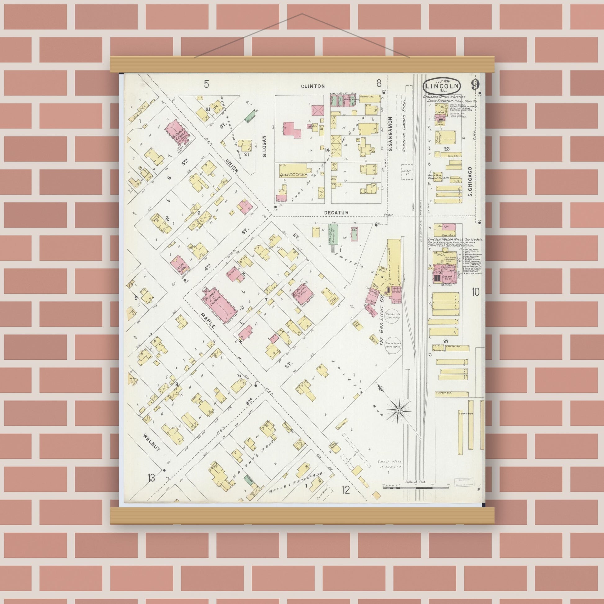 Old map wall art mockup — magnetic wood frame on brick wall — Sanborn Fire Insurance Map from Lincoln, Logan County, Illinois (1896), Sheet #0009