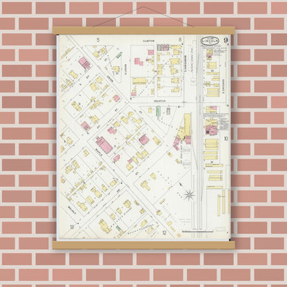 Old map wall art mockup — magnetic wood frame on brick wall — Sanborn Fire Insurance Map from Lincoln, Logan County, Illinois (1896), Sheet #0009