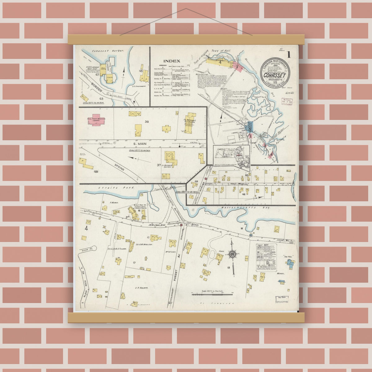 Old map wall art mockup — magnetic wood frame on brick wall — Sanborn Fire Insurance Map from Cohasset, Norfolk County, Massachusetts (1915) - Complete Map Set
