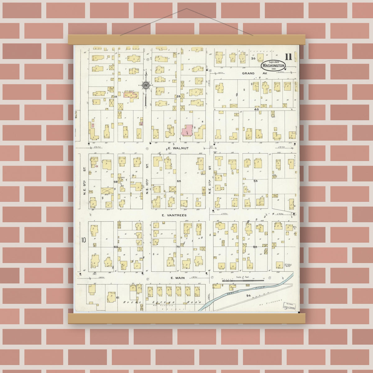 Old map wall art mockup — magnetic wood frame on brick wall — Sanborn Fire Insurance Map from Washington, Daviess County, Indiana (1909), Sheet #0011