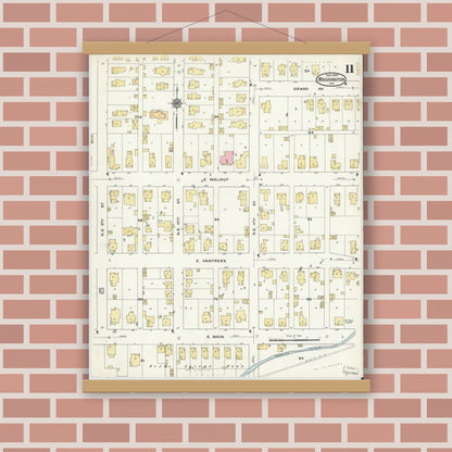 Old map wall art mockup — magnetic wood frame on brick wall — Sanborn Fire Insurance Map from Washington, Daviess County, Indiana (1909), Sheet #0011