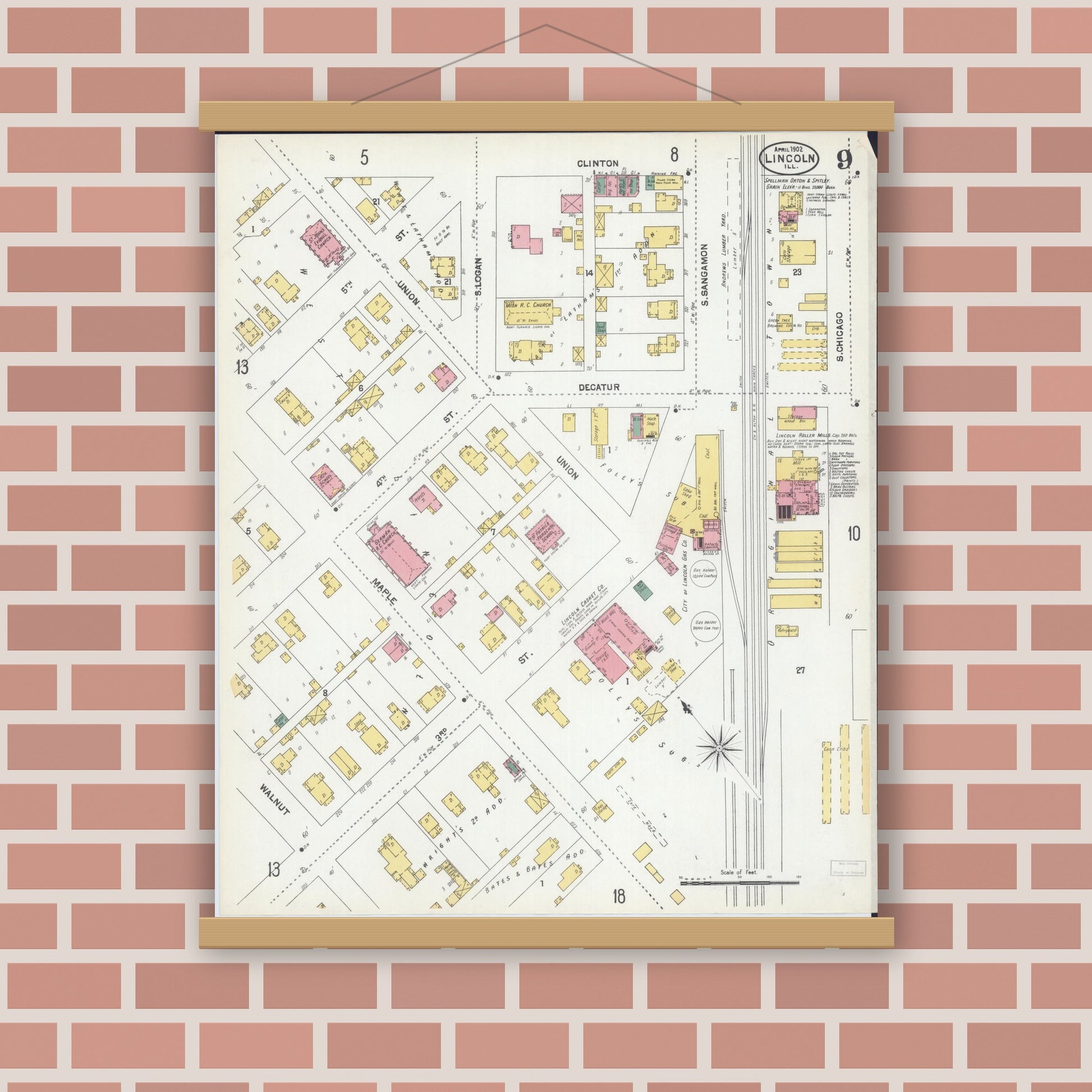 Old map wall art mockup — magnetic wood frame on brick wall — Sanborn Fire Insurance Map from Lincoln, Logan County, Illinois (1902), Sheet #0009