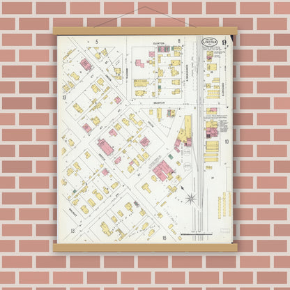 Old map wall art mockup — magnetic wood frame on brick wall — Sanborn Fire Insurance Map from Lincoln, Logan County, Illinois (1902), Sheet #0009