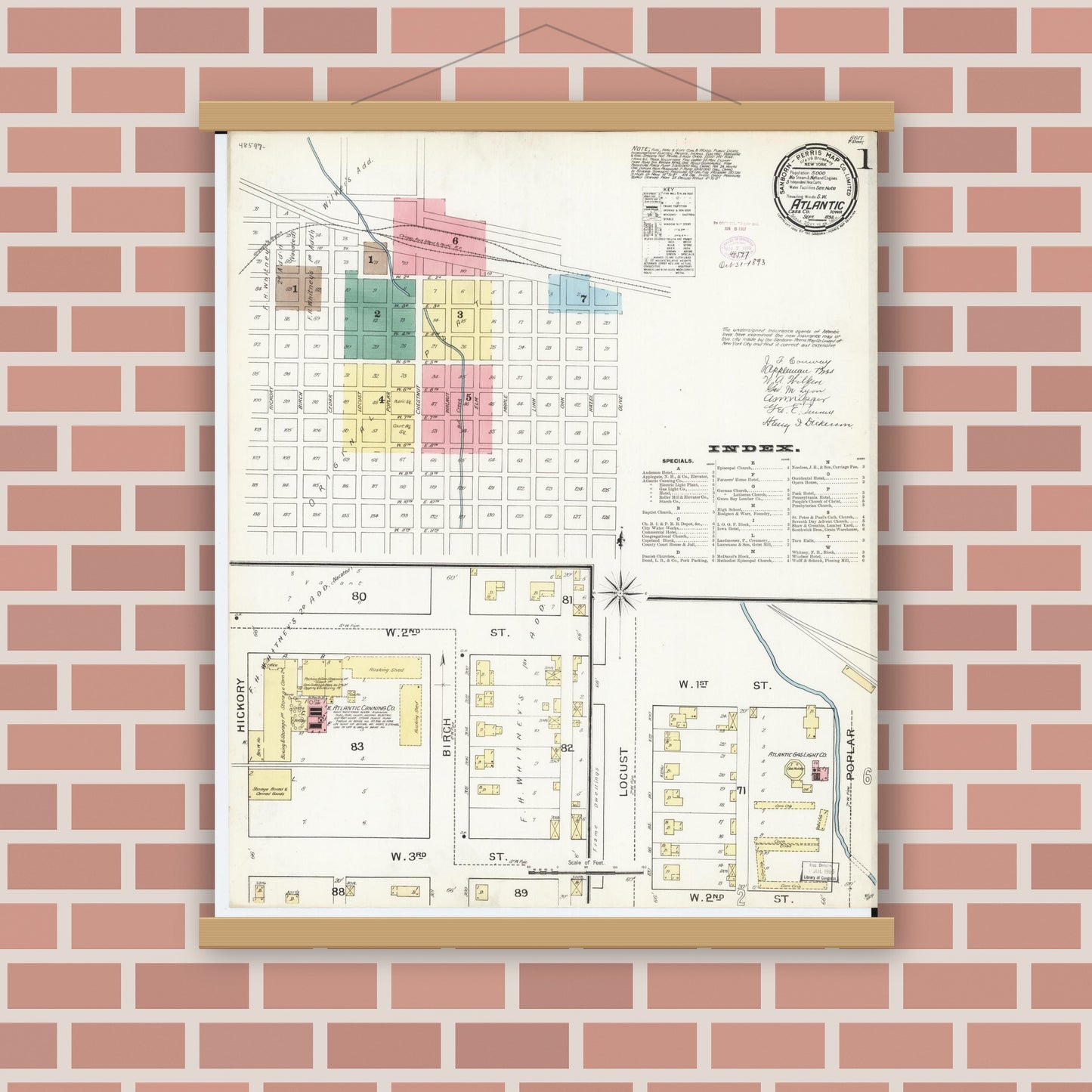Old map wall art mockup — magnetic wood frame on brick wall — Sanborn Fire Insurance Map from Atlantic, Cass County, Iowa (1893), Sheet #0001