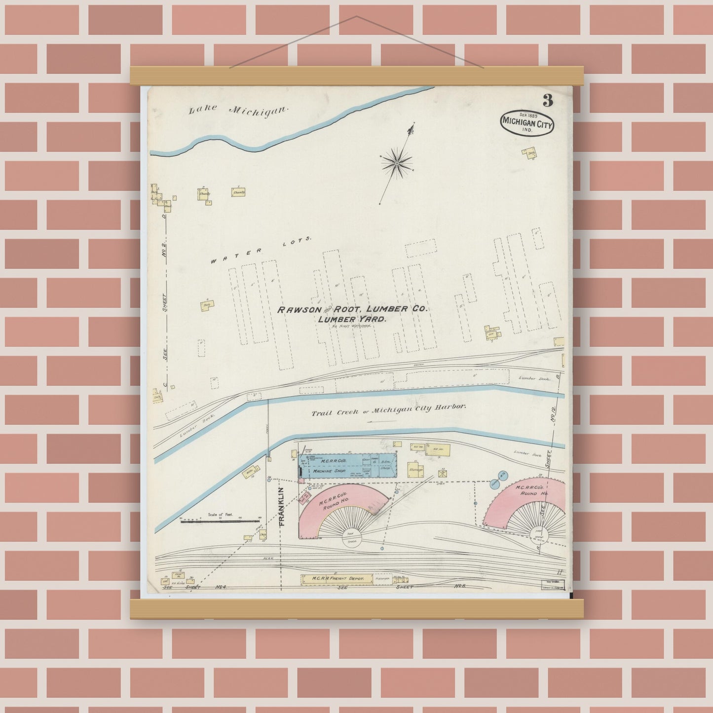 Old map wall art mockup — magnetic wood frame on brick wall — Sanborn Fire Insurance Map from Michigan City, La Porte County, Indiana (1889), Sheet #0003