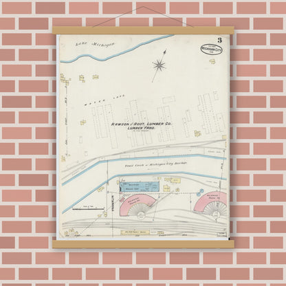 Old map wall art mockup — magnetic wood frame on brick wall — Sanborn Fire Insurance Map from Michigan City, La Porte County, Indiana (1889), Sheet #0003