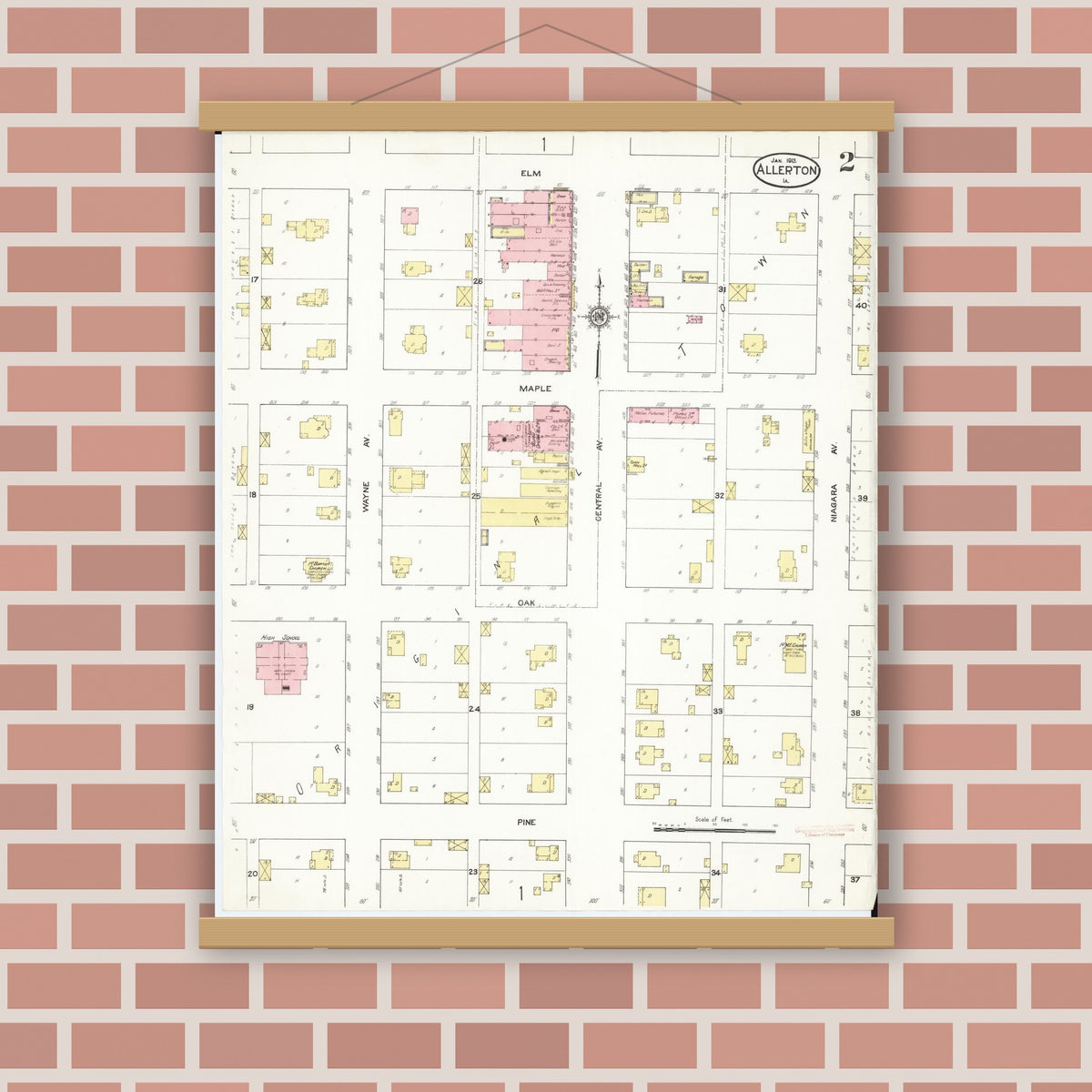 Old map wall art mockup — magnetic wood frame on brick wall — Sanborn Fire Insurance Map from Allerton, Wayne County, Iowa (1913), Sheet #0002