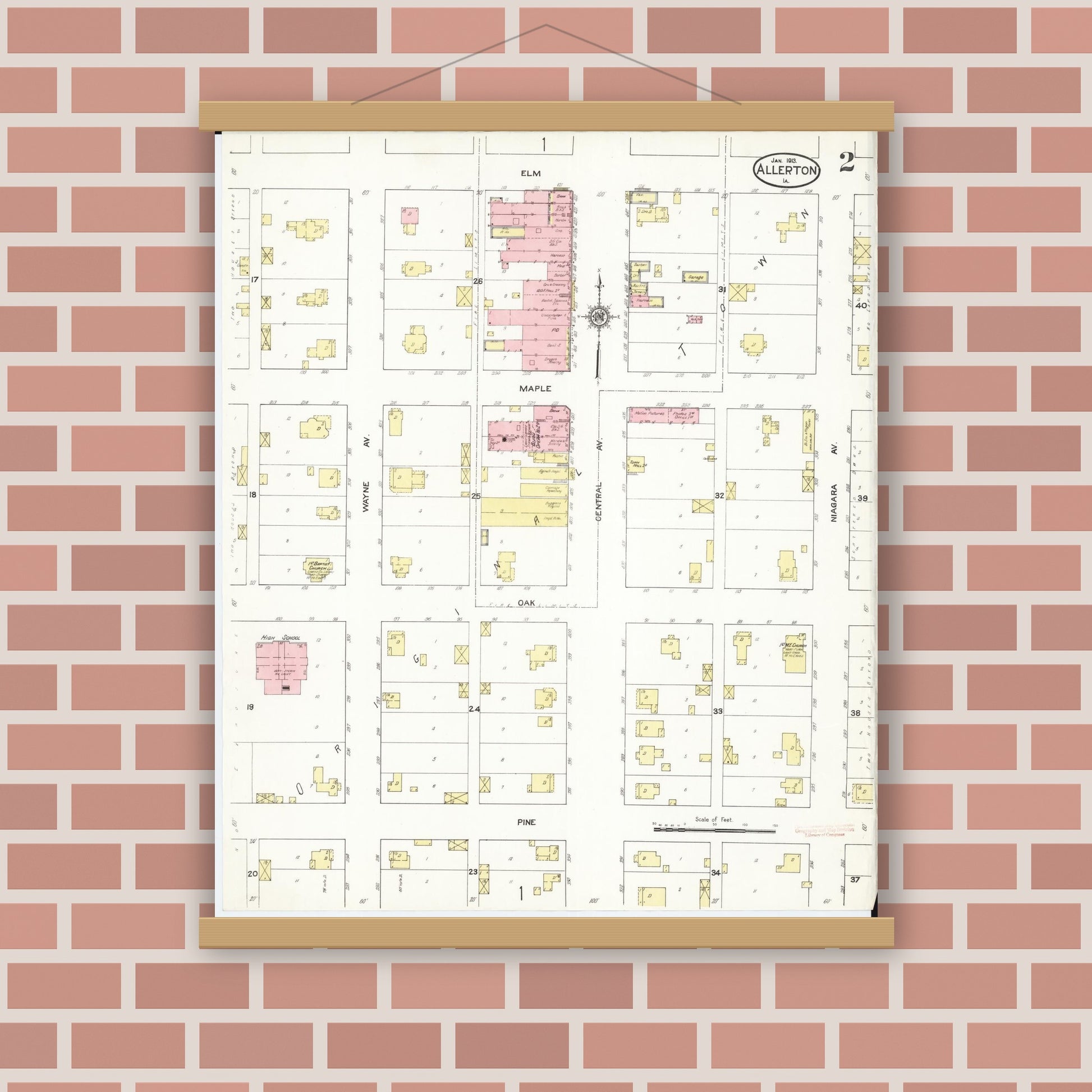 Old map wall art mockup — magnetic wood frame on brick wall — Sanborn Fire Insurance Map from Allerton, Wayne County, Iowa (1913), Sheet #0002