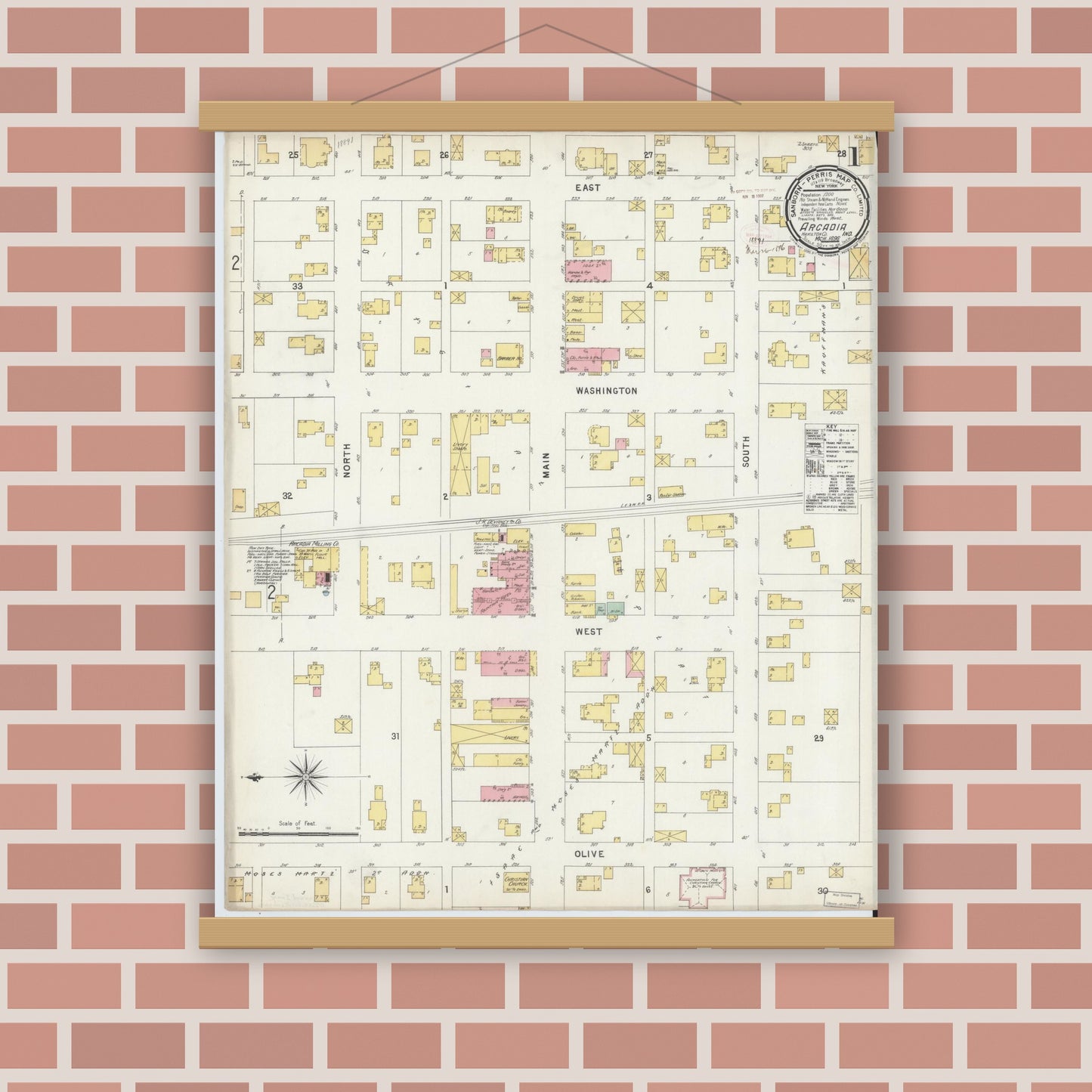 Old map wall art mockup — magnetic wood frame on brick wall — Sanborn Fire Insurance Map from Arcadia, Hamilton County, Indiana (1896), Sheet #0001