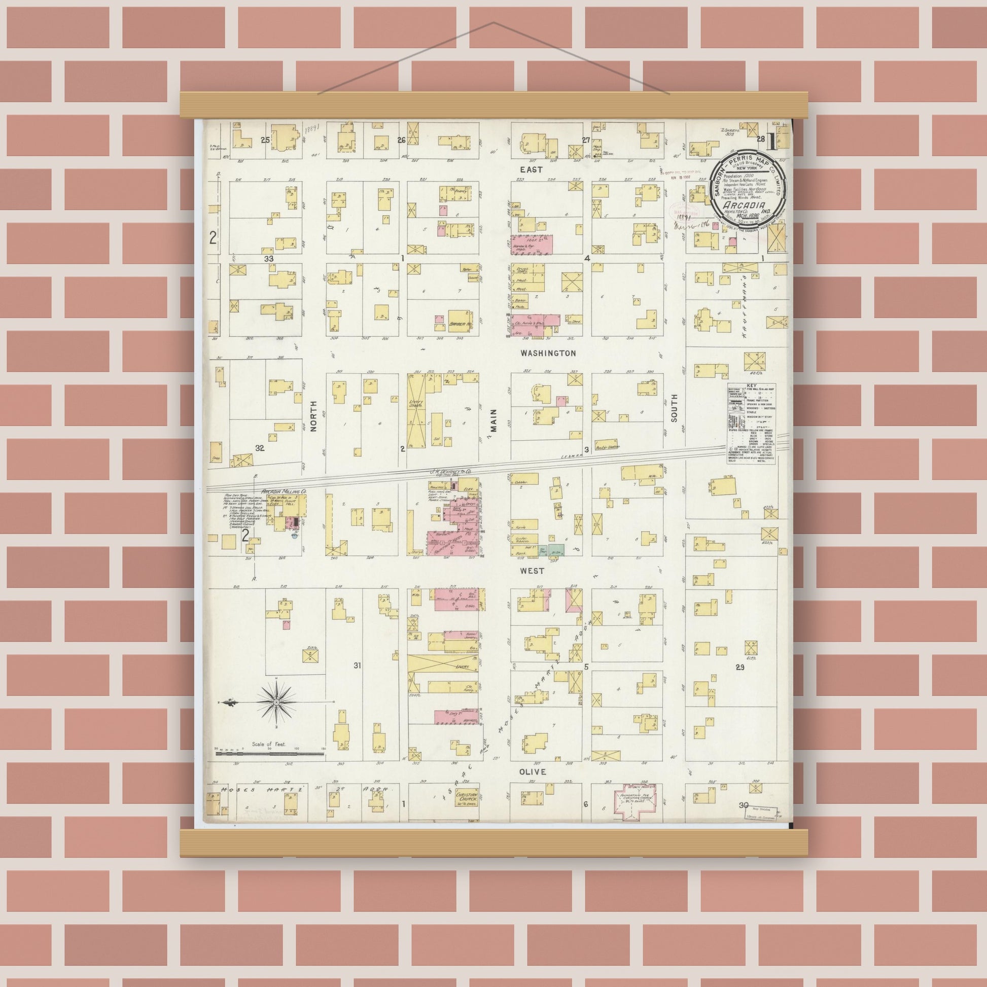 Old map wall art mockup — magnetic wood frame on brick wall — Sanborn Fire Insurance Map from Arcadia, Hamilton County, Indiana (1896), Sheet #0001
