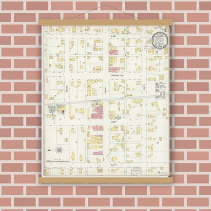 Old map wall art mockup — magnetic wood frame on brick wall — Sanborn Fire Insurance Map from Arcadia, Hamilton County, Indiana (1896), Sheet #0001