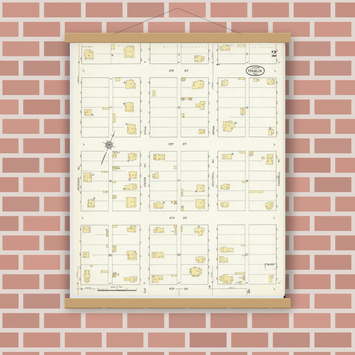 Old map wall art mockup — magnetic wood frame on brick wall — Sanborn Fire Insurance Map from Hamlin, Jones County, Texas (1913), Sheet #0002