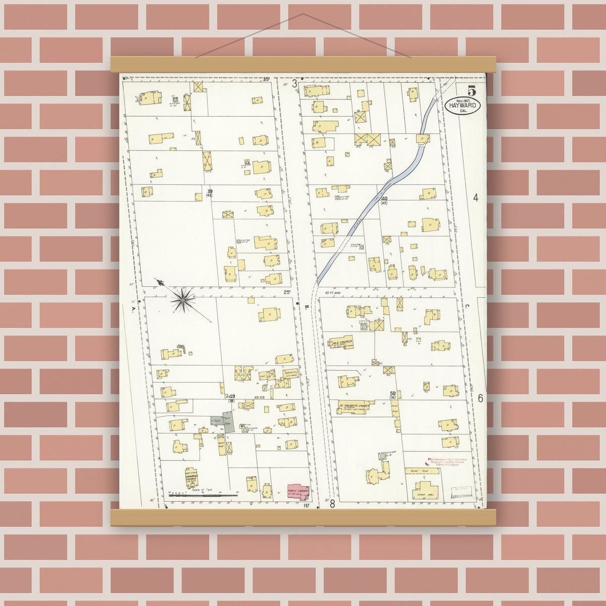 Old map wall art mockup — magnetic wood frame on brick wall — Sanborn Fire Insurance Map from Hayward, Alameda County, California (1907), Sheet #0005