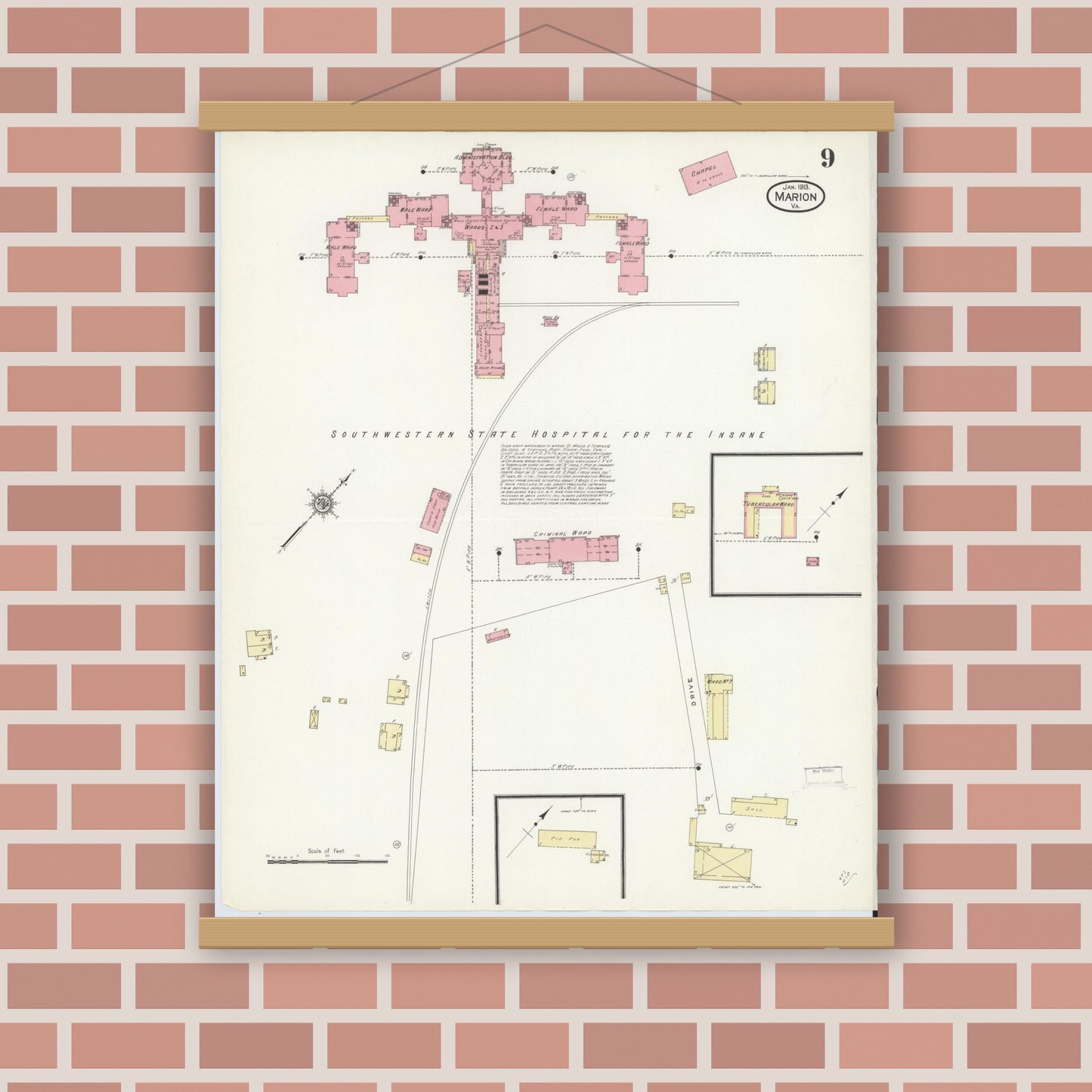 Old map wall art mockup — magnetic wood frame on brick wall — Sanborn Fire Insurance Map from Marion, Smyth County, Virginia (1913), Sheet #0009