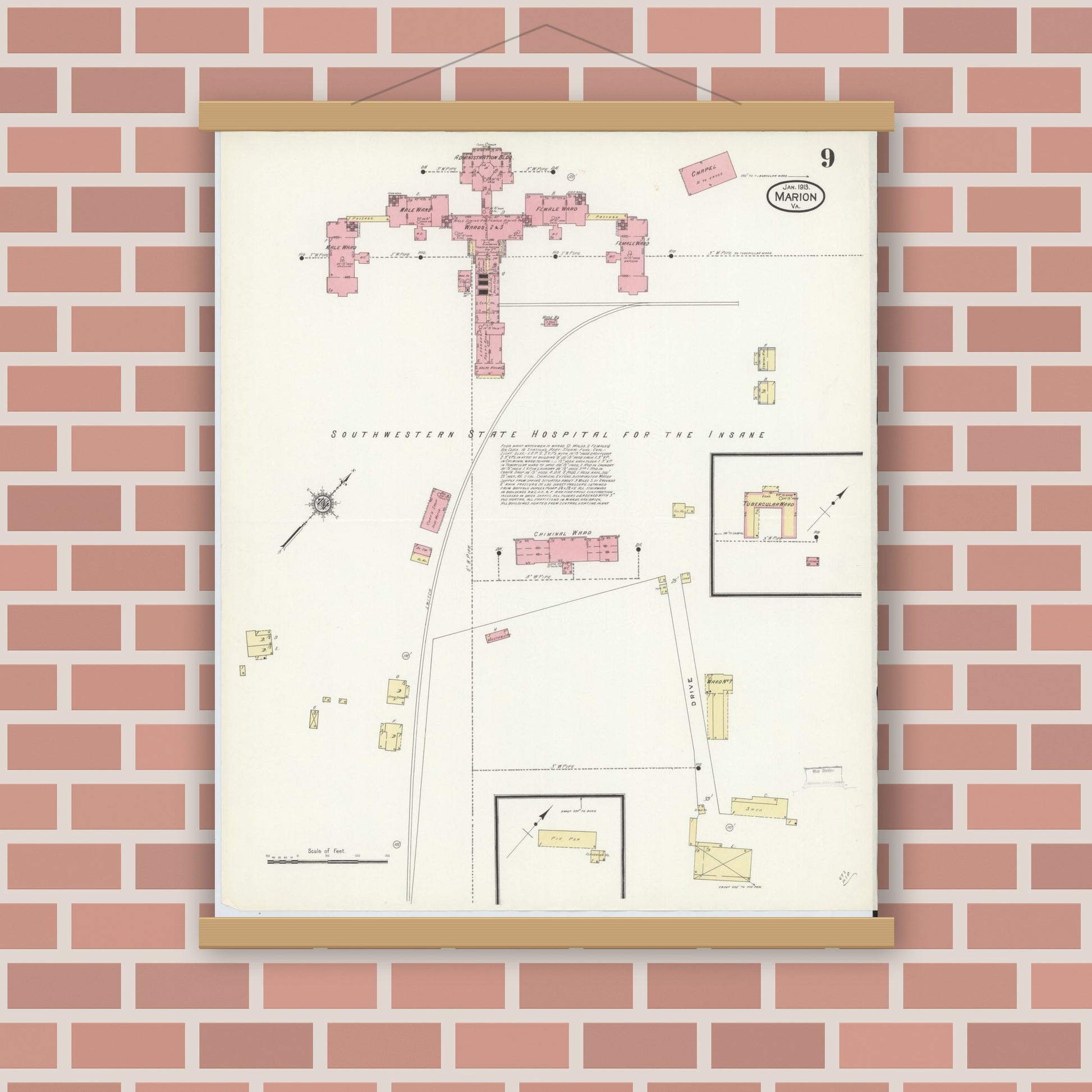 Old map wall art mockup — magnetic wood frame on brick wall — Sanborn Fire Insurance Map from Marion, Smyth County, Virginia (1913), Sheet #0009