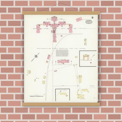 Old map wall art mockup — magnetic wood frame on brick wall — Sanborn Fire Insurance Map from Marion, Smyth County, Virginia (1913), Sheet #0009