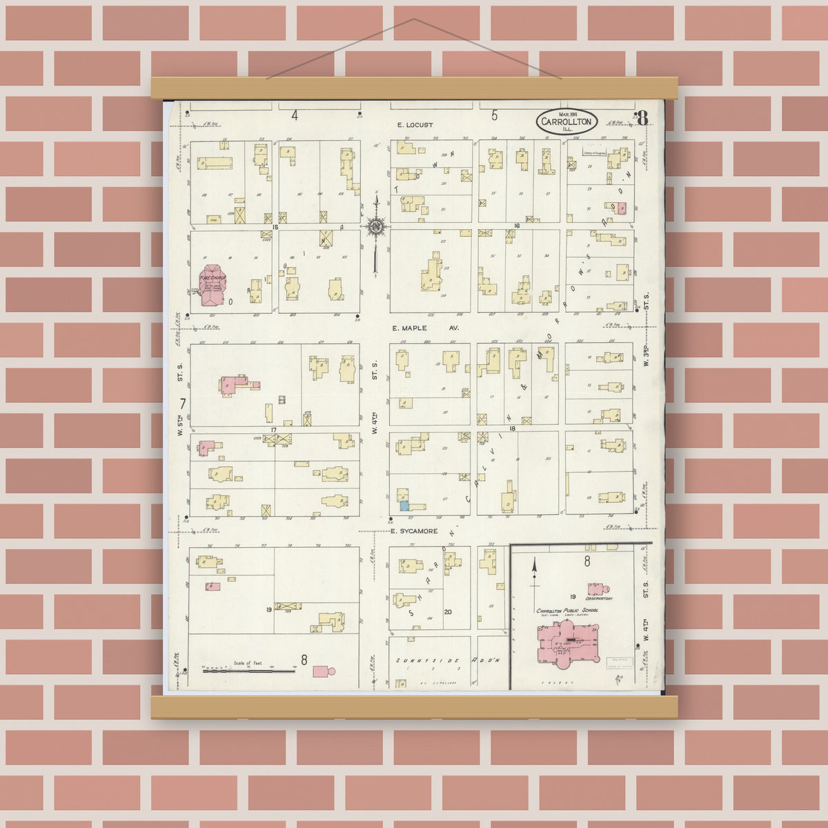 Old map wall art mockup — magnetic wood frame on brick wall — Sanborn Fire Insurance Map from Carrollton, Greene County, Illinois (1914), Sheet #0008