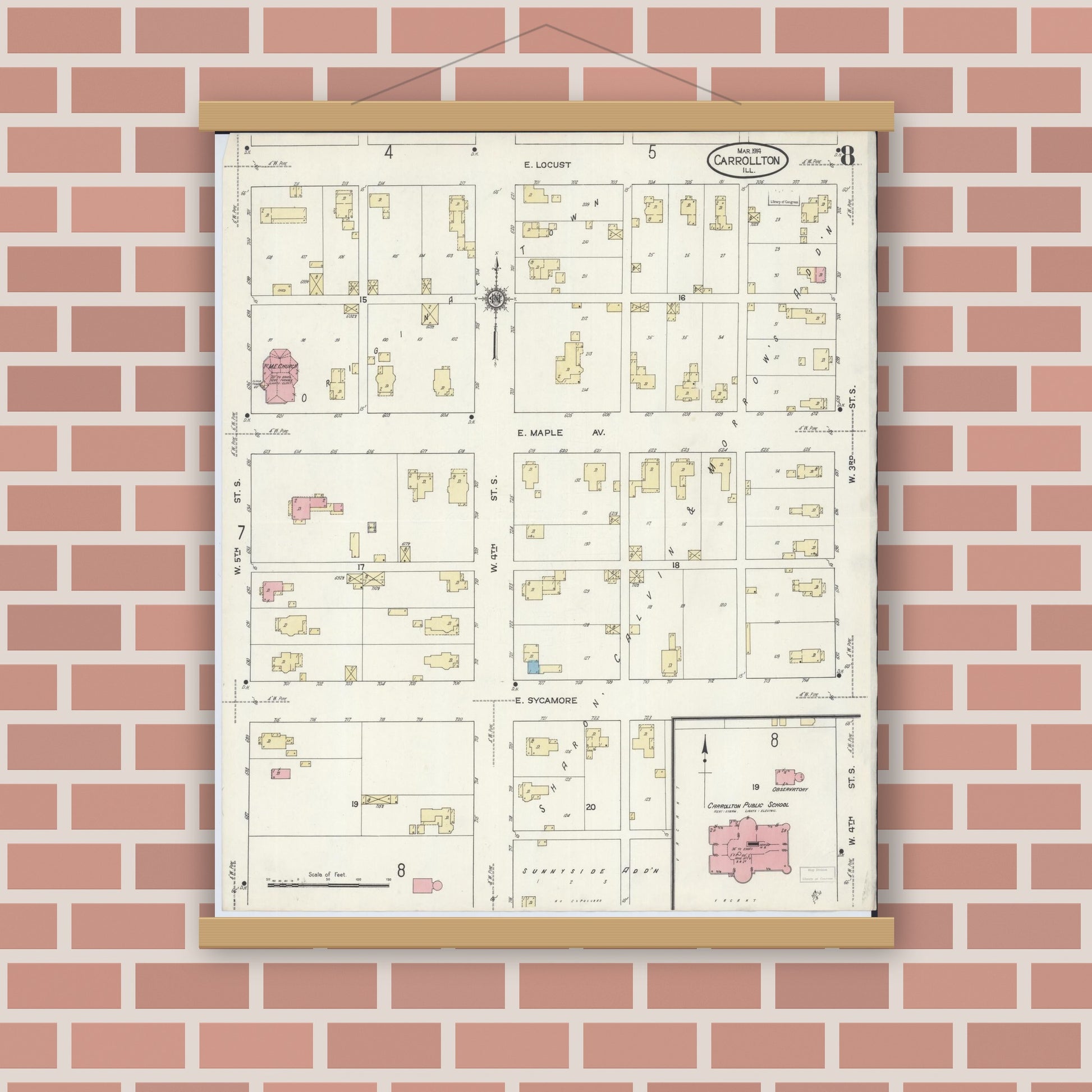 Old map wall art mockup — magnetic wood frame on brick wall — Sanborn Fire Insurance Map from Carrollton, Greene County, Illinois (1914), Sheet #0008
