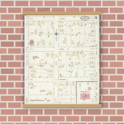 Old map wall art mockup — magnetic wood frame on brick wall — Sanborn Fire Insurance Map from Carrollton, Greene County, Illinois (1914), Sheet #0008