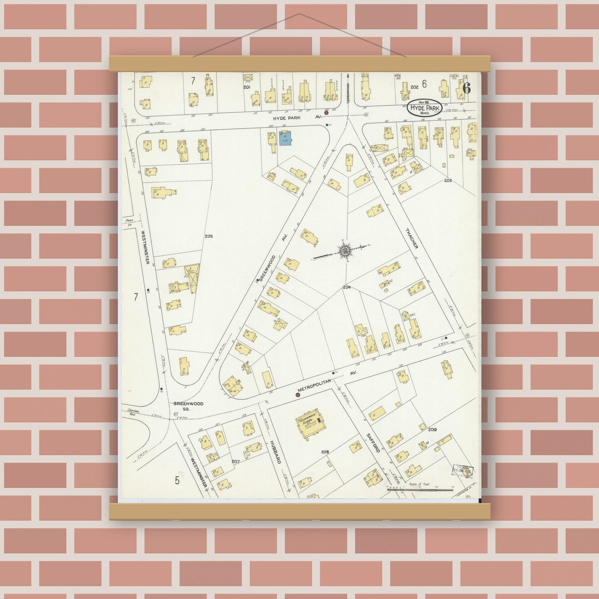 Old map wall art mockup — magnetic wood frame on brick wall — Sanborn Fire Insurance Map from Hyde Park, Norfolk County, Massachusetts (1911), Sheet #0006