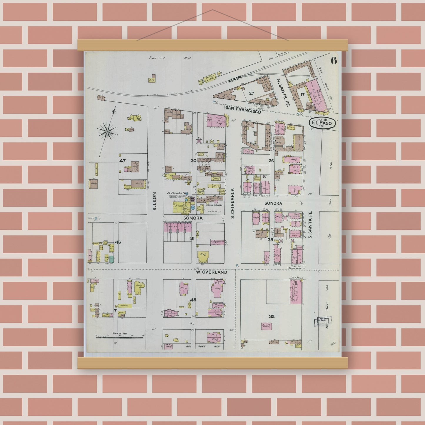 Old map wall art mockup — magnetic wood frame on brick wall — Sanborn Fire Insurance Map from El Paso, El Paso County, Texas (1888), Sheet #0006