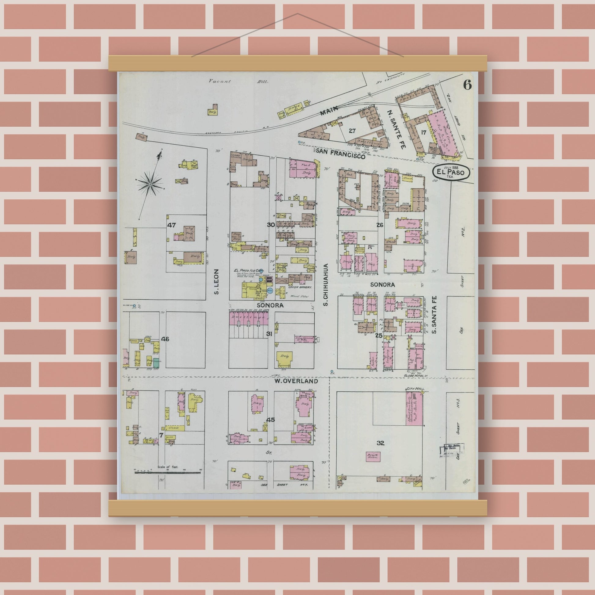 Old map wall art mockup — magnetic wood frame on brick wall — Sanborn Fire Insurance Map from El Paso, El Paso County, Texas (1888), Sheet #0006