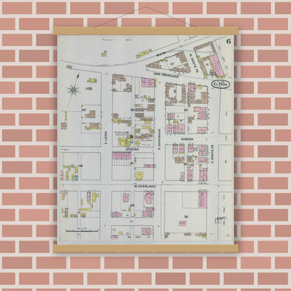 Old map wall art mockup — magnetic wood frame on brick wall — Sanborn Fire Insurance Map from El Paso, El Paso County, Texas (1888), Sheet #0006