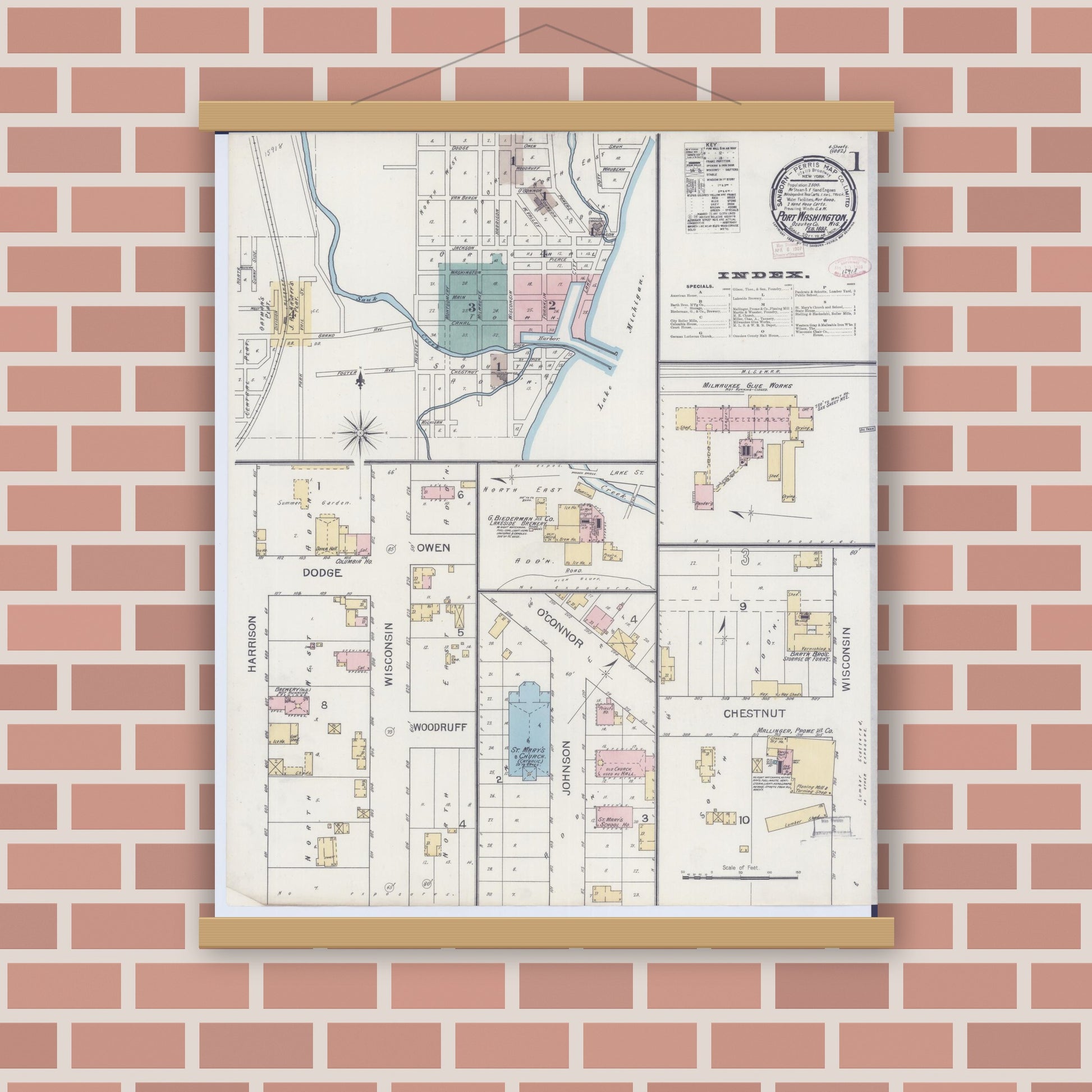 Old map wall art mockup — magnetic wood frame on brick wall — Sanborn Fire Insurance Map from Port Washington, Ozaukee County, Wisconsin (1893) - Complete Map Set