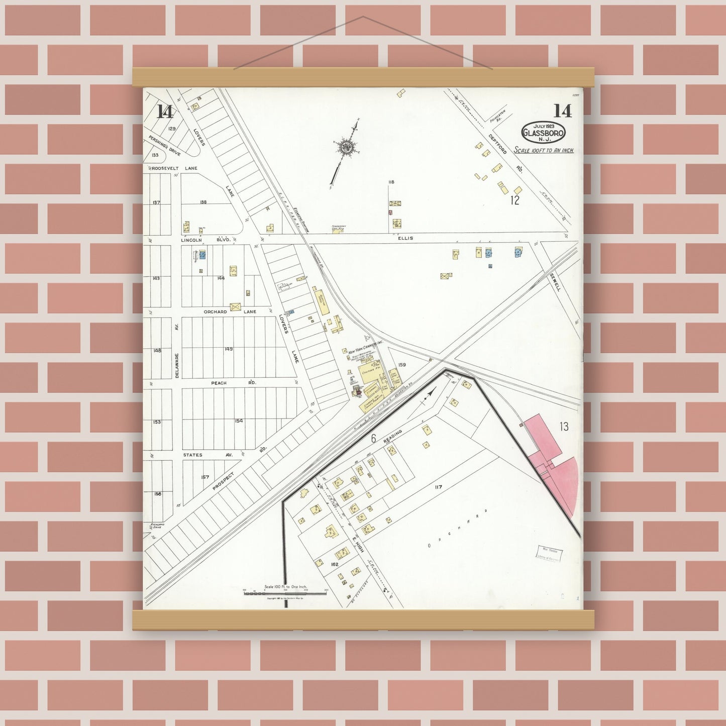 Old map wall art mockup — magnetic wood frame on brick wall — Sanborn Fire Insurance Map from Glassboro, Gloucester County, New Jersey (1923), Sheet #0014