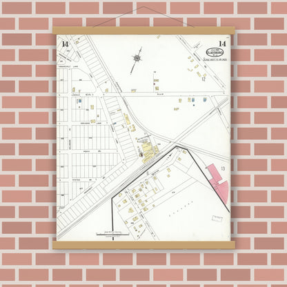Old map wall art mockup — magnetic wood frame on brick wall — Sanborn Fire Insurance Map from Glassboro, Gloucester County, New Jersey (1923), Sheet #0014