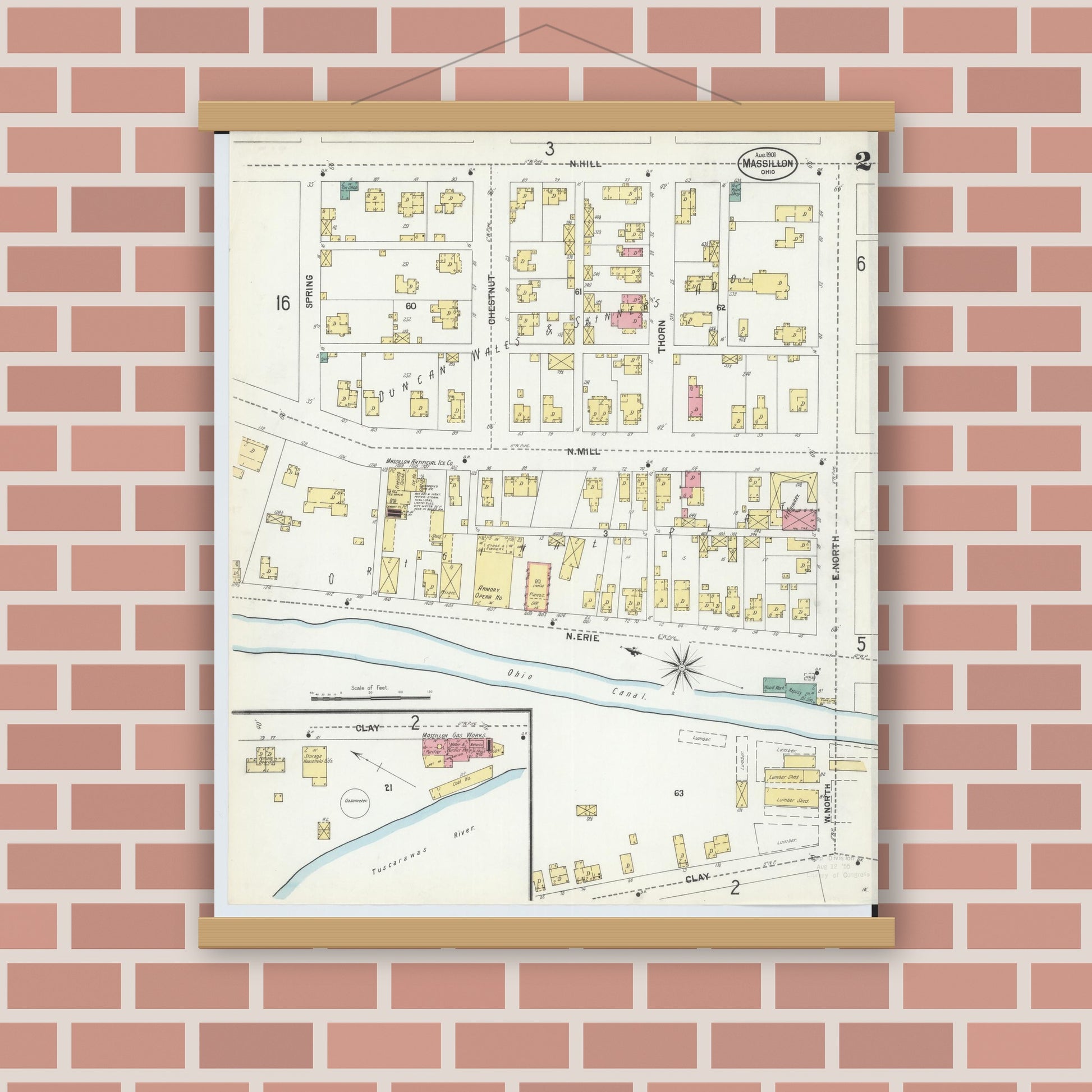 Old map wall art mockup — magnetic wood frame on brick wall — Sanborn Fire Insurance Map from Massillon, Stark County, Ohio (1901), Sheet #0002
