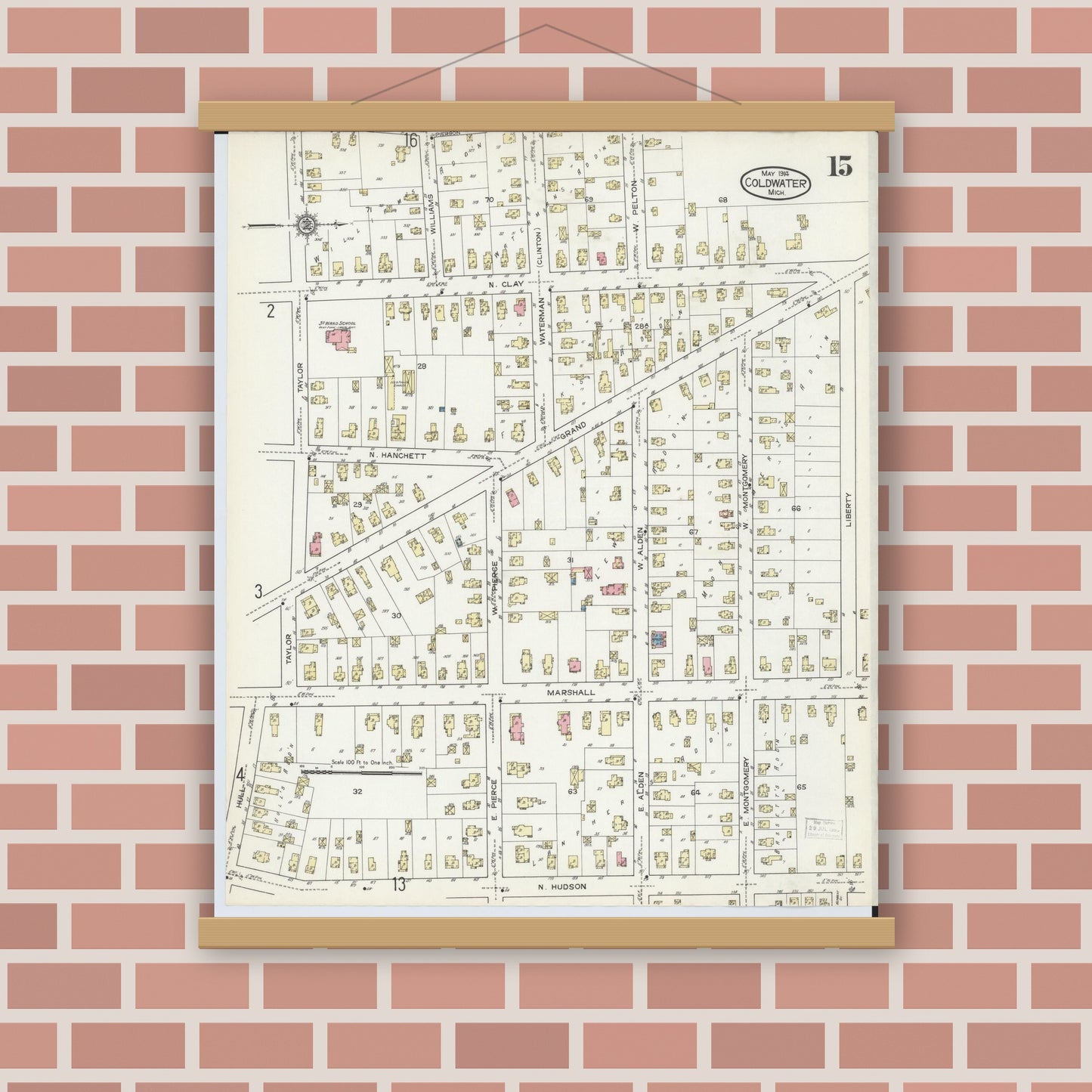 Old map wall art mockup — magnetic wood frame on brick wall — Sanborn Fire Insurance Map from Coldwater, Branch County, Michigan (1914), Sheet #0015