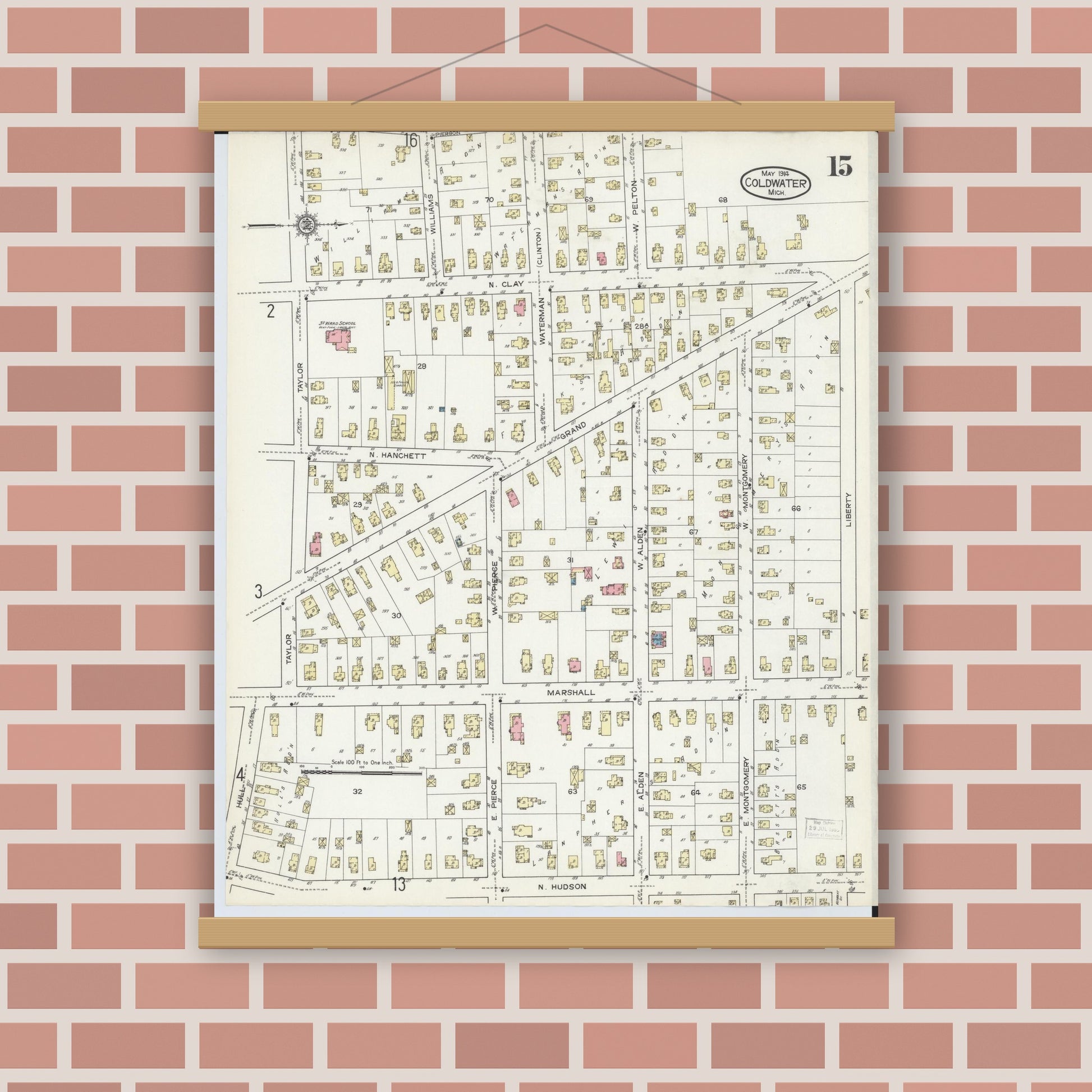 Old map wall art mockup — magnetic wood frame on brick wall — Sanborn Fire Insurance Map from Coldwater, Branch County, Michigan (1914), Sheet #0015