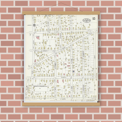 Old map wall art mockup — magnetic wood frame on brick wall — Sanborn Fire Insurance Map from Coldwater, Branch County, Michigan (1914), Sheet #0015