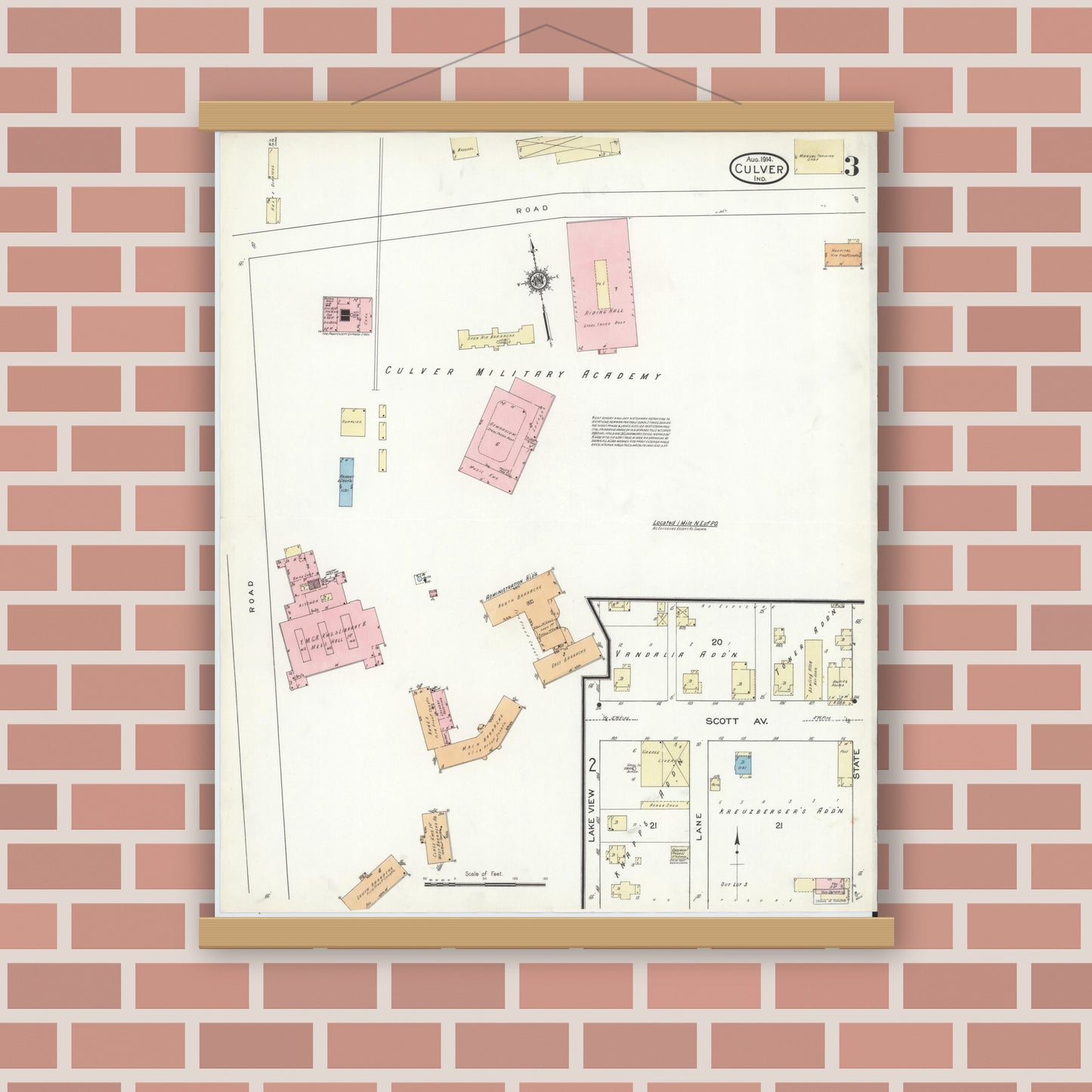Old map wall art mockup — magnetic wood frame on brick wall — Sanborn Fire Insurance Map from Culver, Marshall County, Indiana (1914), Sheet #0003