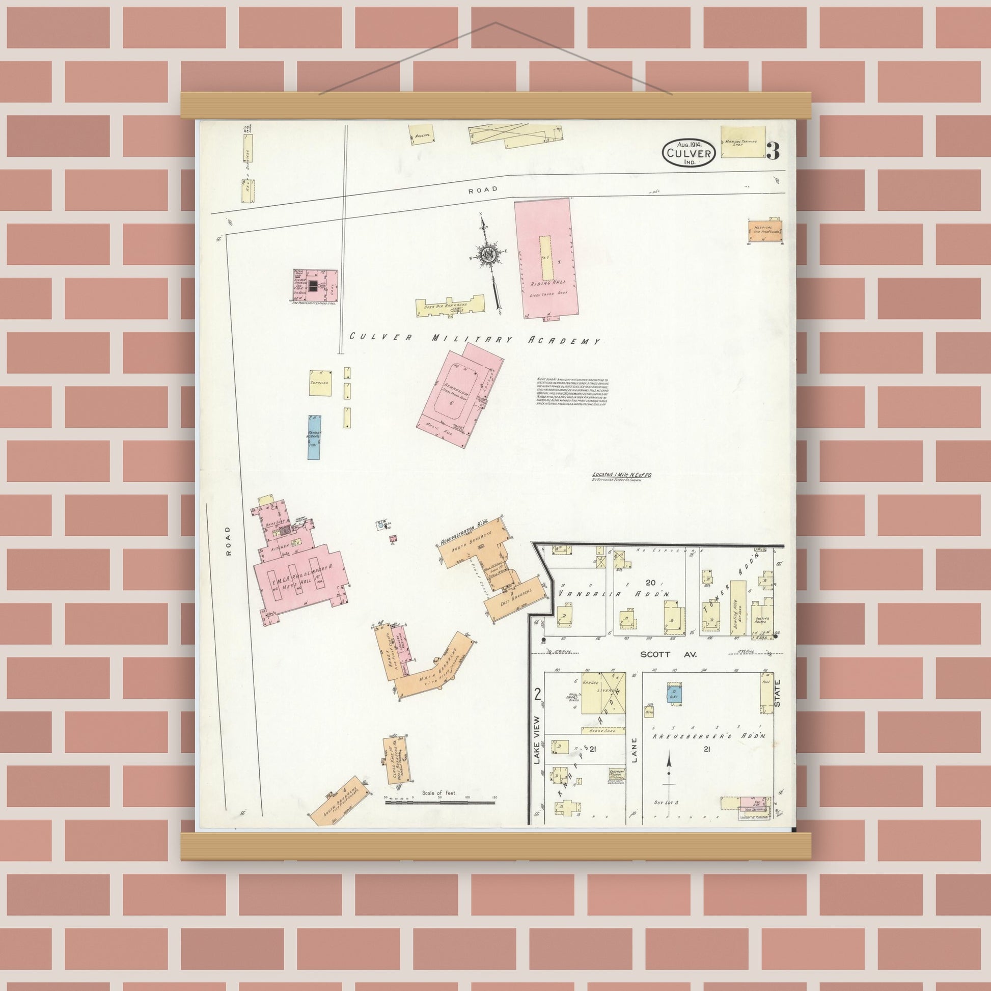Old map wall art mockup — magnetic wood frame on brick wall — Sanborn Fire Insurance Map from Culver, Marshall County, Indiana (1914), Sheet #0003