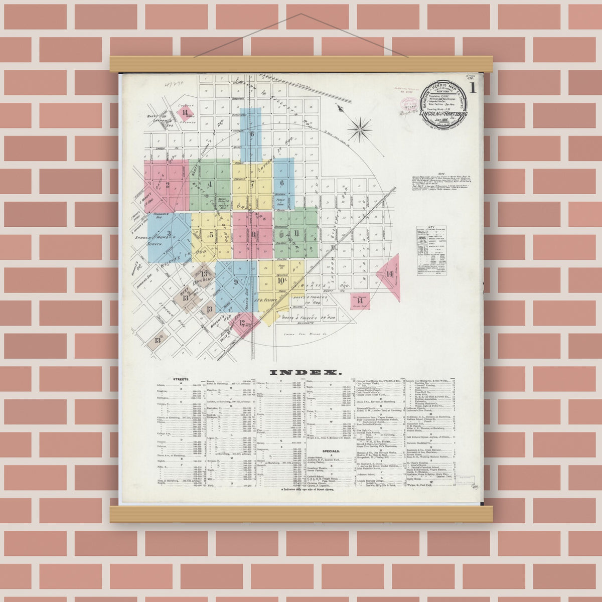 Old map wall art mockup — magnetic wood frame on brick wall — Sanborn Fire Insurance Map from Lincoln, Logan County, Illinois (1896), Sheet #0001