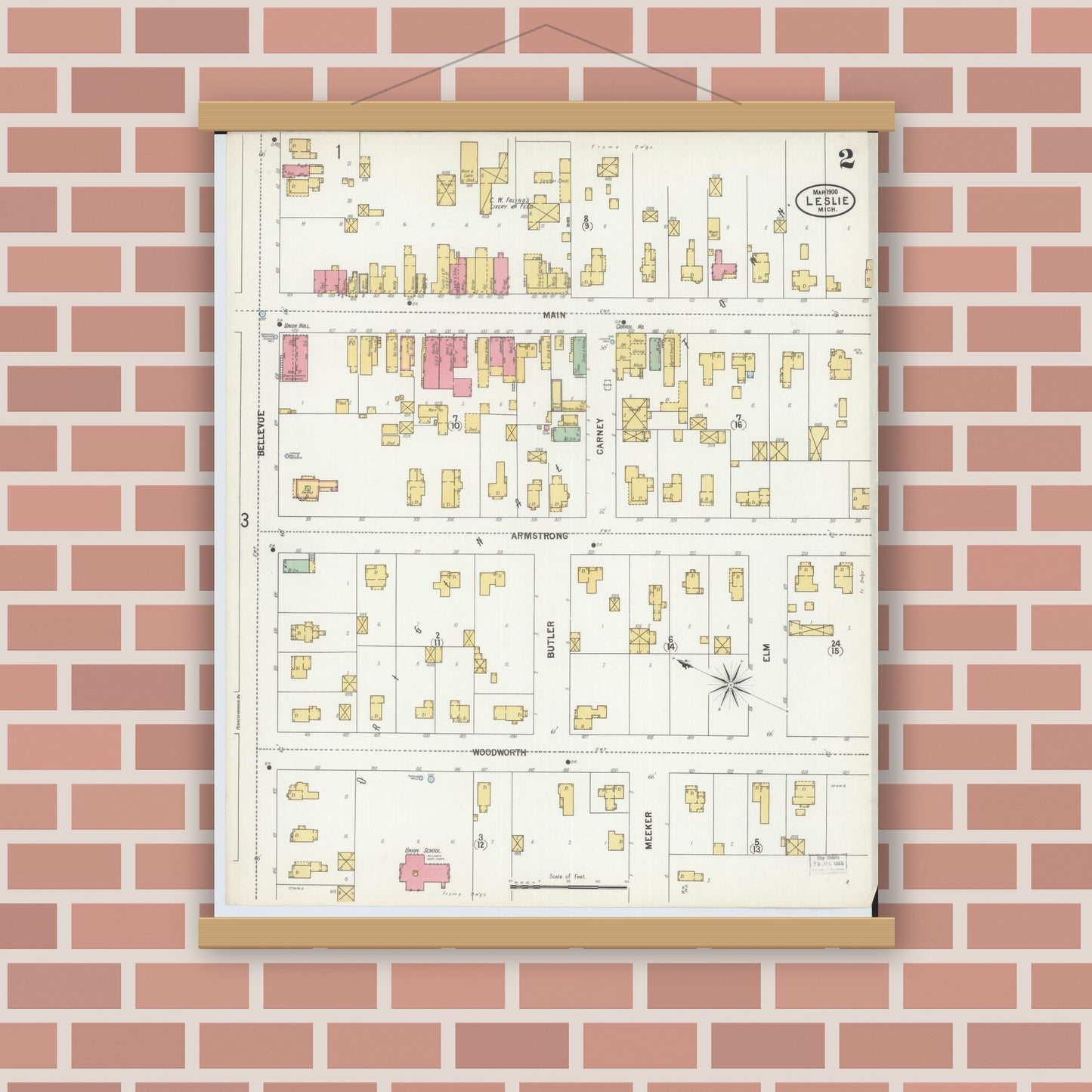 Old map wall art mockup — magnetic wood frame on brick wall — Sanborn Fire Insurance Map from Leslie, Ingham County, Michigan (1900), Sheet #0002